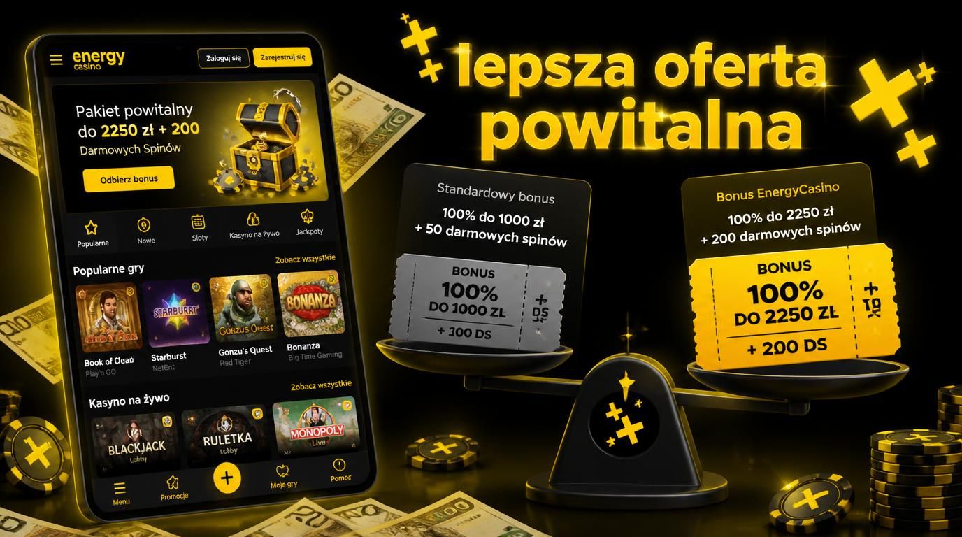 ekran pokazujący ofertę powitalną EnergyCasino i porównanie z typową ofertą kasyna