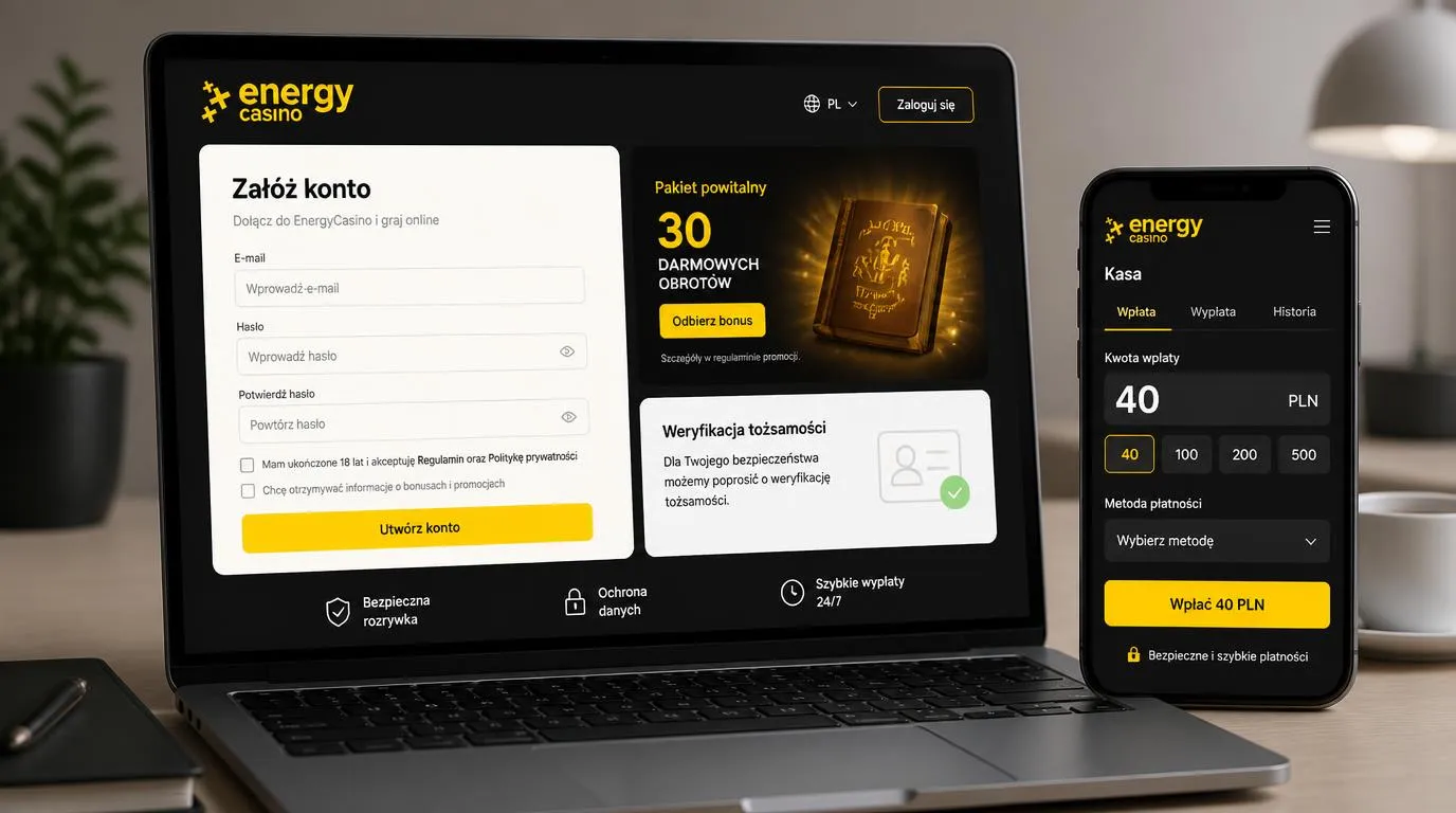 Widok rejestracji i kasy kasyna z wpłatą 40 PLN oraz ofertą 30 darmowych spinów