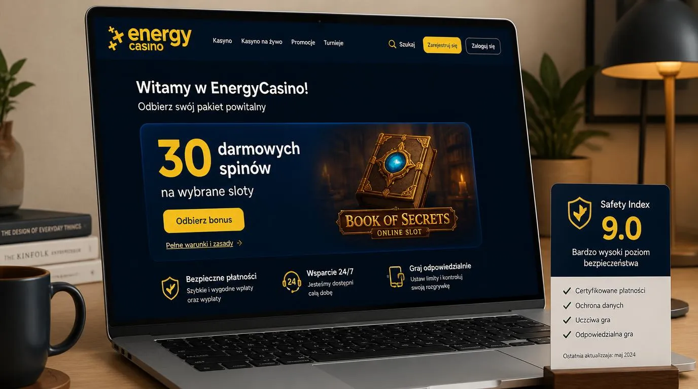 Ekran promocji z 30 darmowymi spinami oraz widoczną oceną bezpieczeństwa 9,0